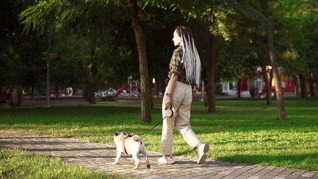 夏天在公园里奔跑的纯种哈巴狗，由女主人牵着狗链视频素材