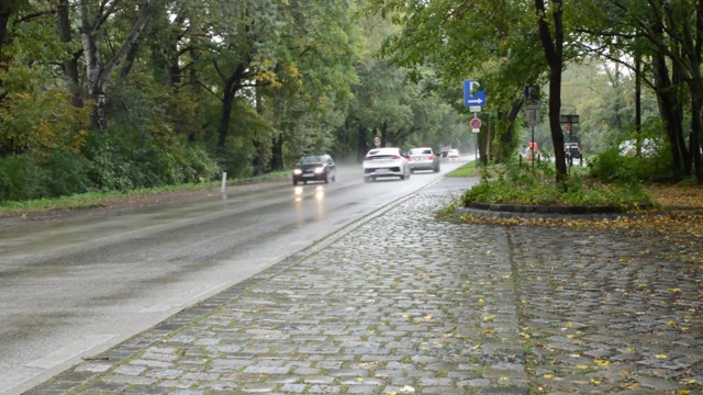 汽车在乡村道路上行驶。下降。雨- - - - - -视频素材画面3
