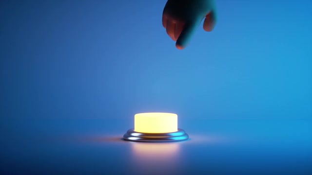 3d渲染，卡通手按下红色按钮隔离在白色背景。按钮在黑暗中发光。无缝循环动画视频素材画面1
