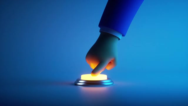 3d渲染，卡通手按下红色按钮隔离在白色背景。按钮在黑暗中发光。无缝循环动画视频素材画面2