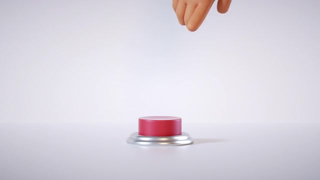 3d渲染，卡通手按下红色按钮隔离在白色背景。按钮在黑暗中发光。无缝循环动画视频素材画面3