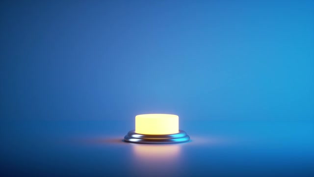3d渲染，卡通手按下红色按钮隔离在白色背景。按钮在黑暗中发光。无缝循环动画视频素材画面4