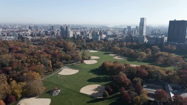 鸟瞰图纽约市中央公园在一个凉爽的秋天的早晨视频素材