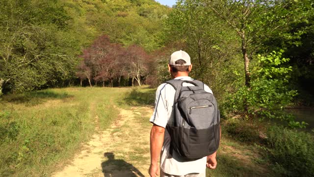 老年人在山林中徒步旅行视频素材