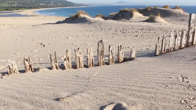 塔里法的风景-加的斯-沙丘在蓬帕洛马海滩。背景中的地中海视频素材