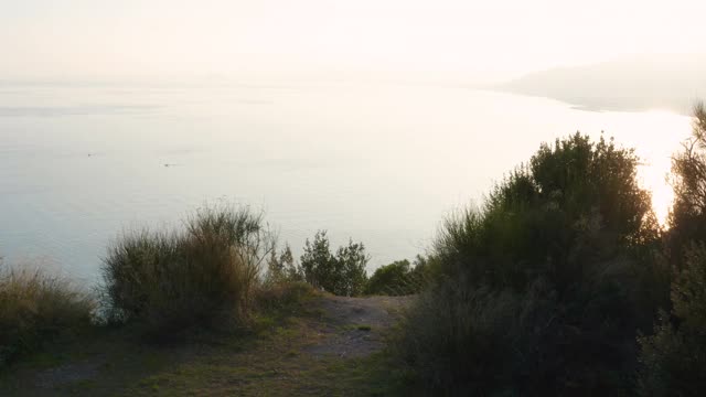 在日出时欣赏海景的成熟夫妇的鸟瞰图视频下载