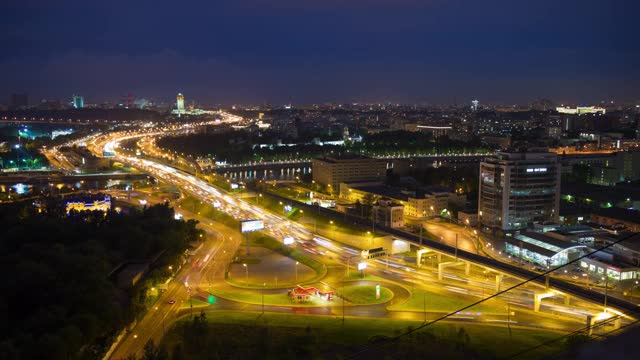 俄罗斯夜光莫斯科交通道路环屋顶全景4k时间推移视频素材