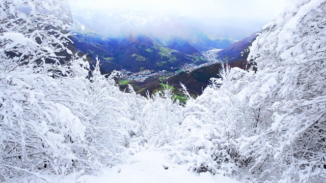 季节的对比与树上的雪，瞥见村庄在较低的山谷与草地视频素材