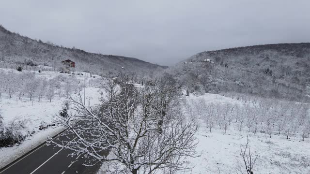 高角度鸟瞰无人机图像上的道路槽的树木和森林在冬季覆盖着白雪的山脉附近的塞尔维亚克纳兹瓦茨-旅游旅程和度假概念视频素材