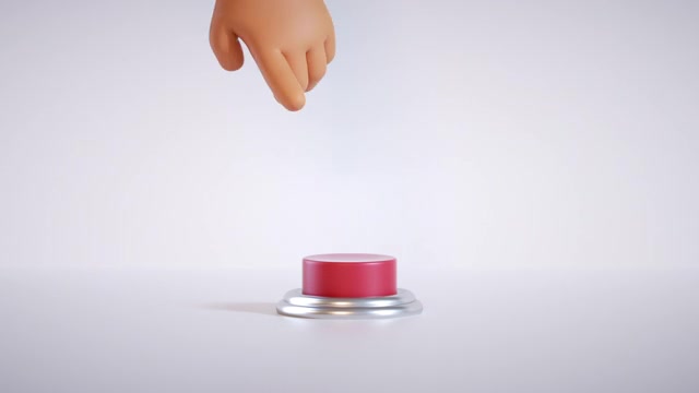 3d渲染，卡通手按下大红色按钮隔离在白色背景。启动隐喻，激活概念。无缝循环动画视频素材画面1