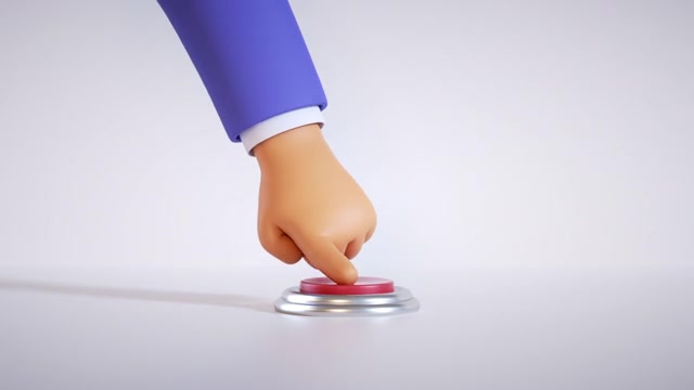 3d渲染，卡通手按下大红色按钮隔离在白色背景。启动隐喻，激活概念。无缝循环动画视频素材画面2