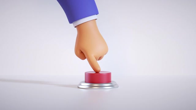 3d渲染，卡通手按下大红色按钮隔离在白色背景。启动隐喻，激活概念。无缝循环动画视频素材画面3