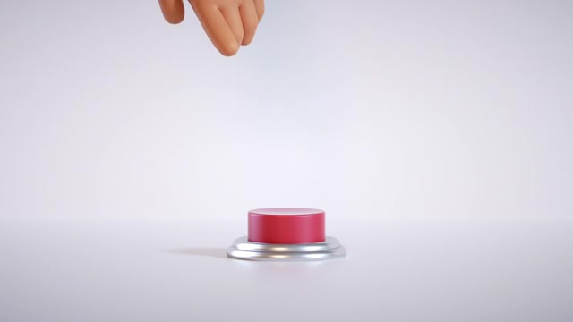 3d渲染，卡通手按下大红色按钮隔离在白色背景。启动隐喻，激活概念。无缝循环动画视频素材画面4