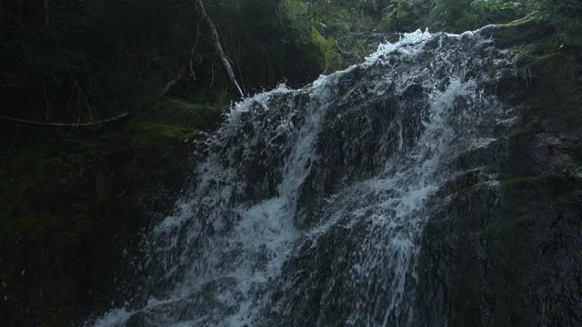 在山的一边干净凉爽的小溪。泉水流动如诗如画的老苔藓岩石视频素材