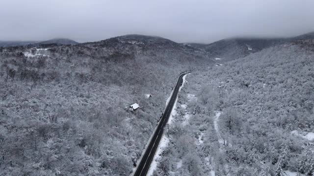 在寒冷的冬日里，无人机拍摄的柏油路、雪中树林，跟随汽车在欧洲塞尔维亚的特雷西巴山上行驶——树立了拍摄旅行和自由的概念视频素材