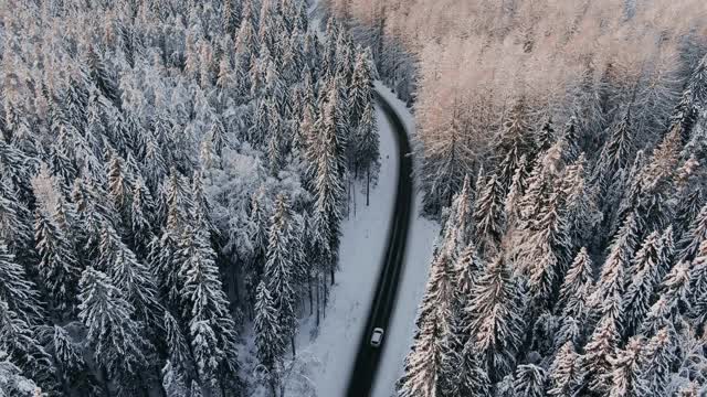 鸟瞰图，一辆汽车沿着一条蜿蜒的冰雪覆盖的道路在一个神话般的冬季森林视频素材