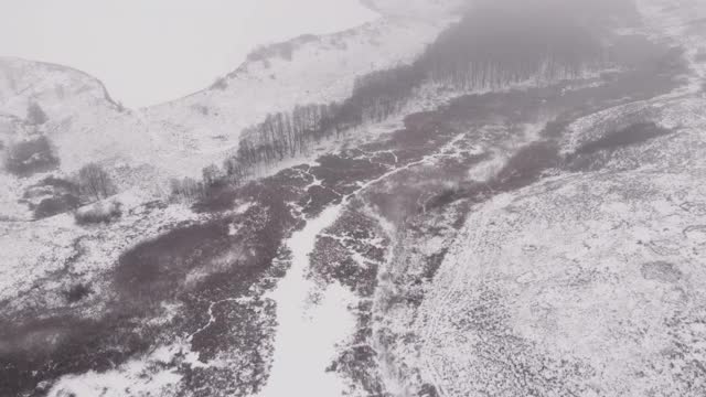 冬天的自然，森林和湖在雪。冰雪池塘，无人机拍摄。美丽的冬天背景视频素材