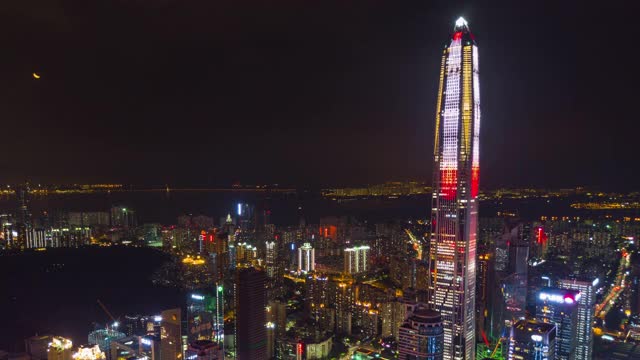 中国夜光深圳市景市中心KK100大厦航拍全景4k时间间隔视频素材