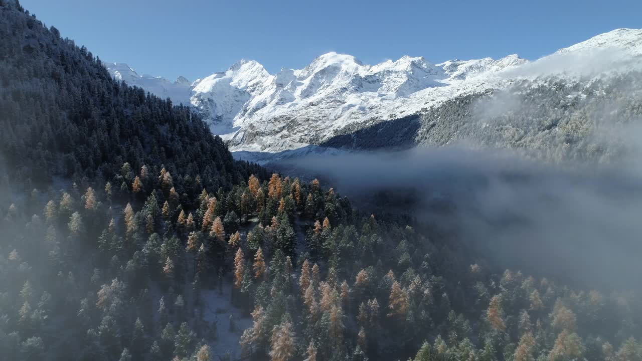 鸟瞰图Morteratsch山谷秋天，格劳布恩登，瑞士视频素材