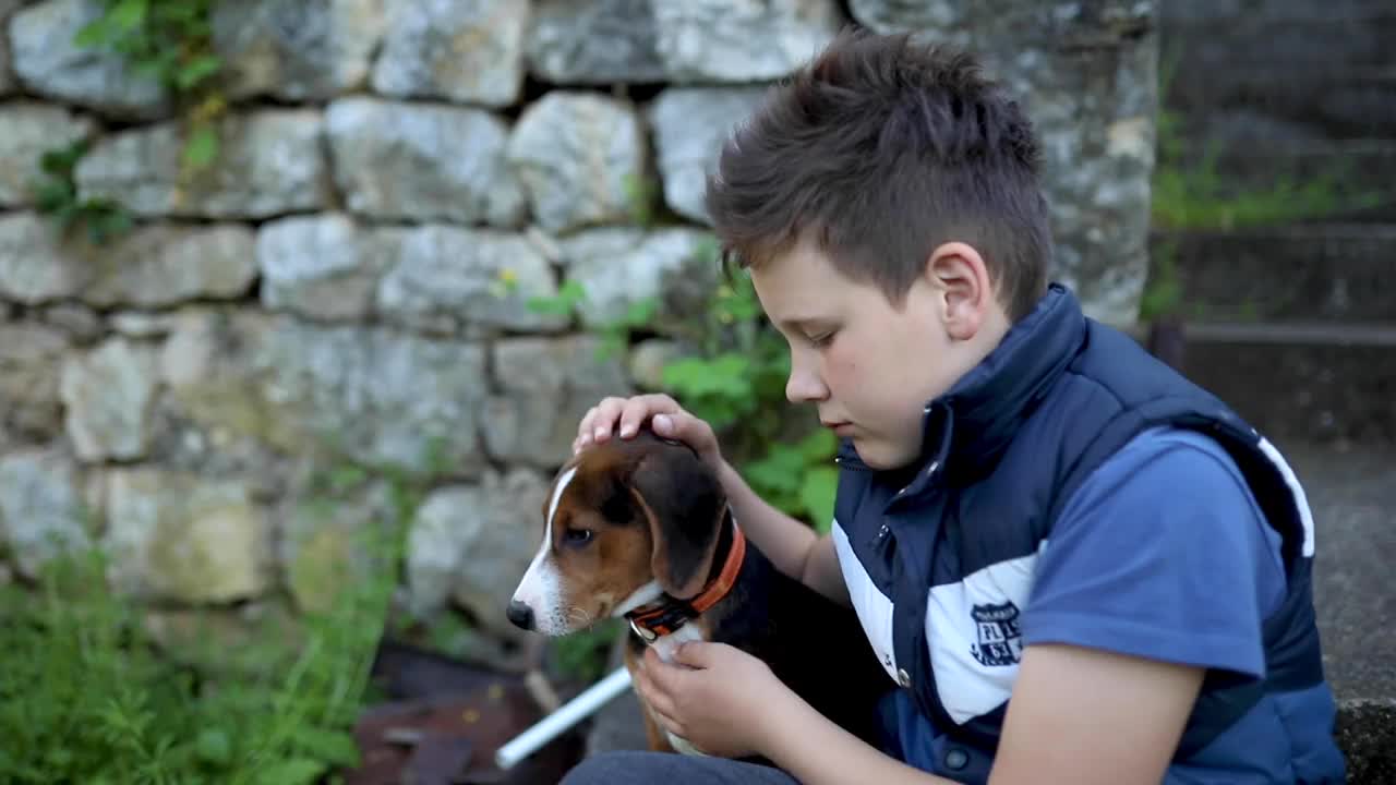 照顾和温柔的男孩，抚摸他的猎犬，而他们休息时玩视频素材