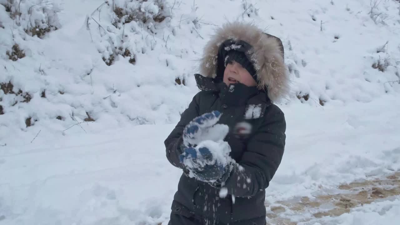 男孩和朋友们在冬天的公园里玩雪视频素材