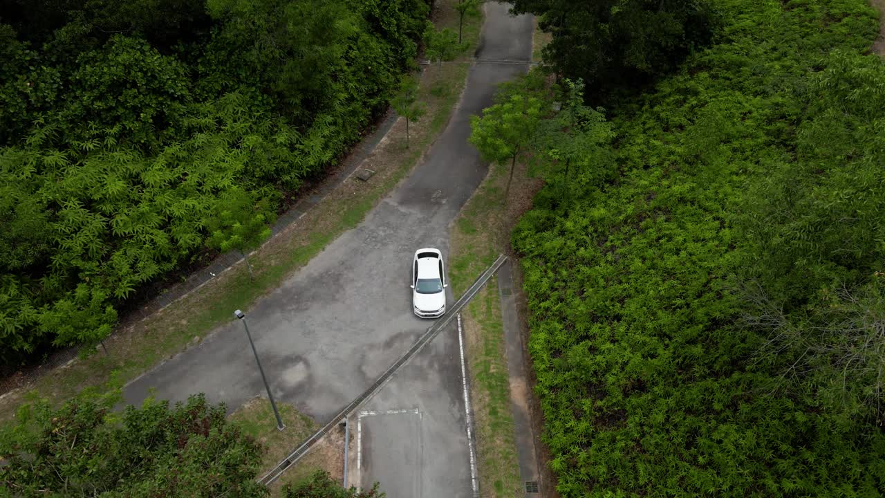 追踪一辆在森林道路上行驶的轿车视频下载