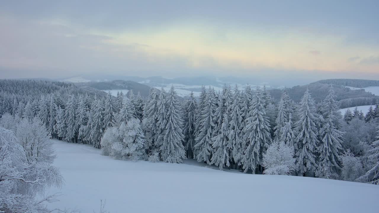 冬季景观在日出，瓦瑟库佩山，格斯菲尔德，Rhön，黑塞，德国视频素材