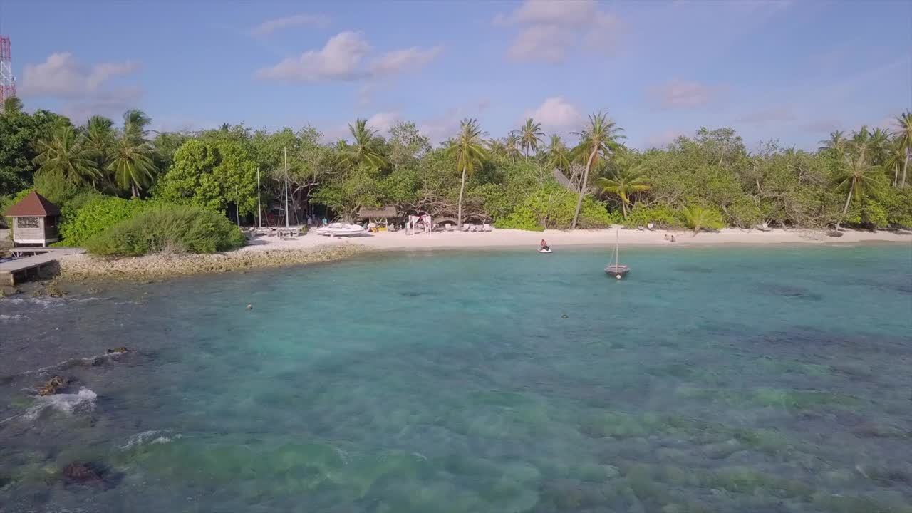 航拍在海滩上的人与棕榈树对着天空，无人机上升在晴朗的一天-南马莱环礁，马尔代夫的绿松石海视频素材