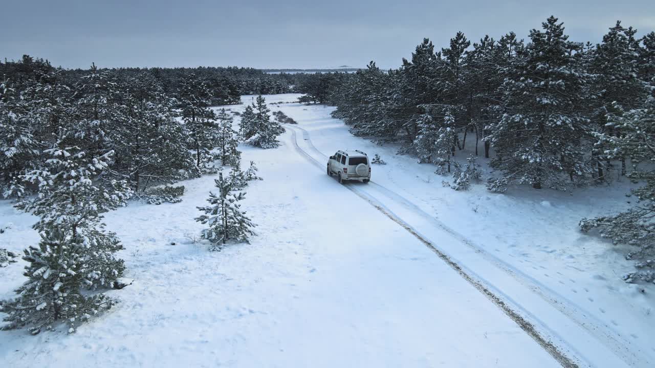 汽车在白雪覆盖的森林周围行驶的鸟瞰图视频素材