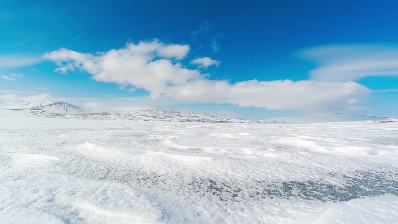 宁静的冬季景观时光流逝与蓝天和白色的山脉景观。冰湖在冬天的概念视频素材