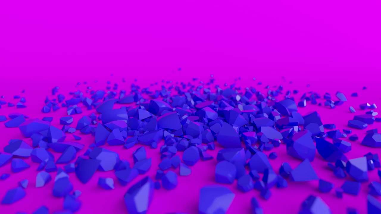 冰冷的蓝色的心在紫色的表面上碎成碎片。破碎的心的概念。3 d animaition视频素材画面3