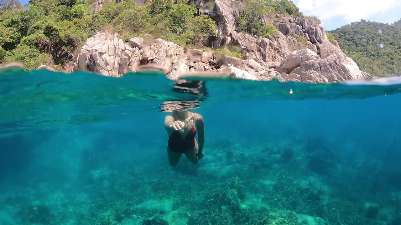 年轻的亚洲妇女自由潜水员穿长鳍和玩在清澈的水珊瑚礁在海洋视频素材