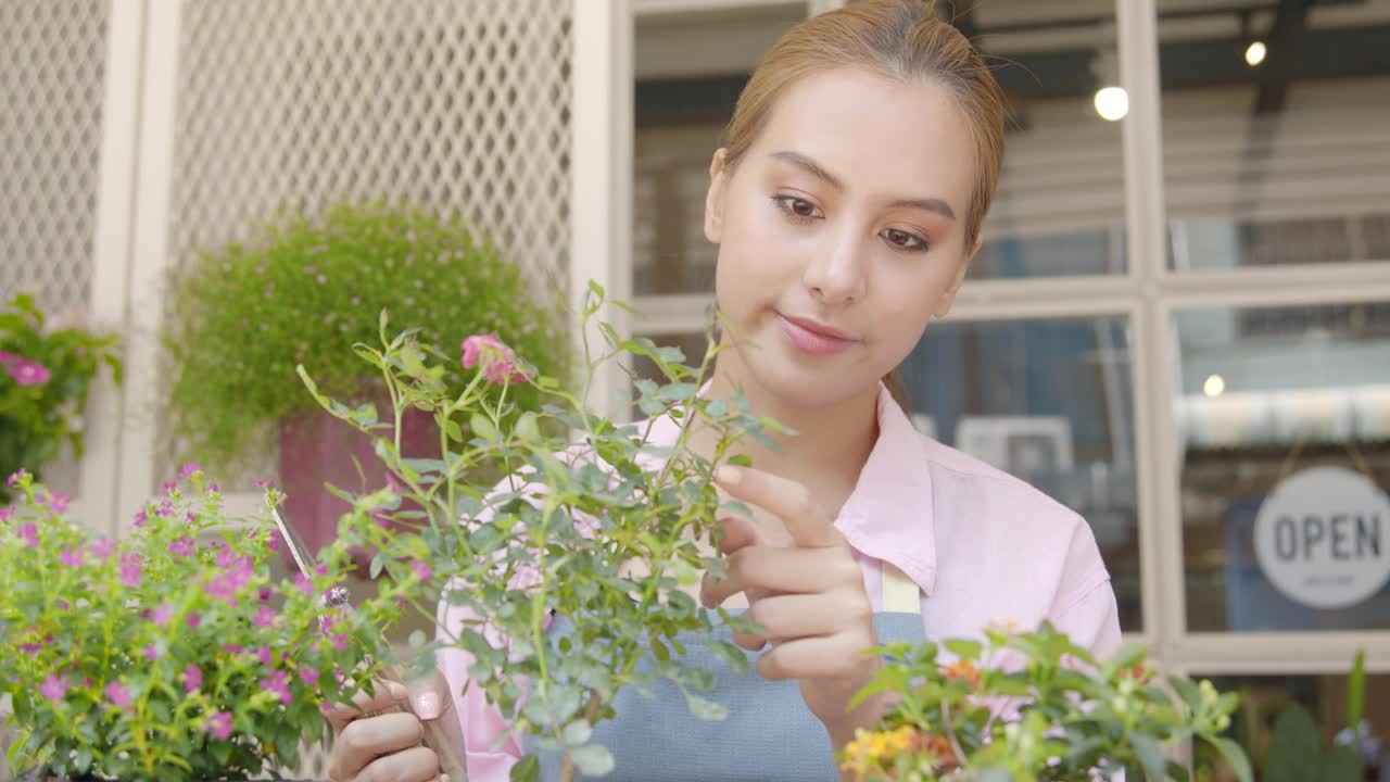 小生意。亚洲女性花商照顾她的鲜花植物，切割和装饰树枝。卖主或园丁照料种植和花店工人视频素材