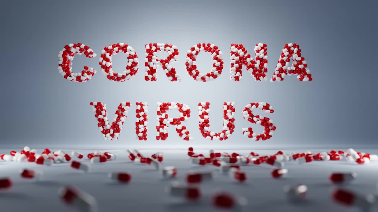 单词冠状病毒(CORONAVIRUS)，蓝色背景白色和红色胶囊的字母，落下的3d药丸，抗击covid-19病毒的概念、疫苗、药物。医药医疗产品，抗病毒药物。视频素材