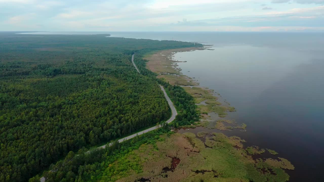 湖岸鸟瞰图。海岸线上有长长的道路和森林视频素材