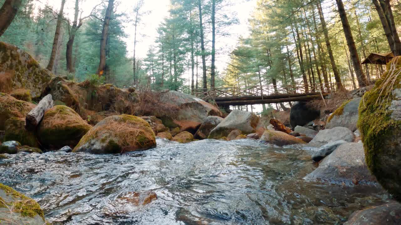 印度喜马偕尔邦马纳里附近的索亚尔村，水流穿过森林视频素材