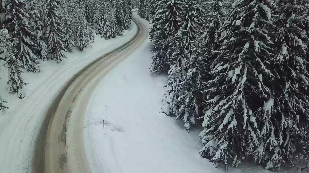 汽车行驶在冰雪覆盖的森林里的冬季乡村道路上视频素材