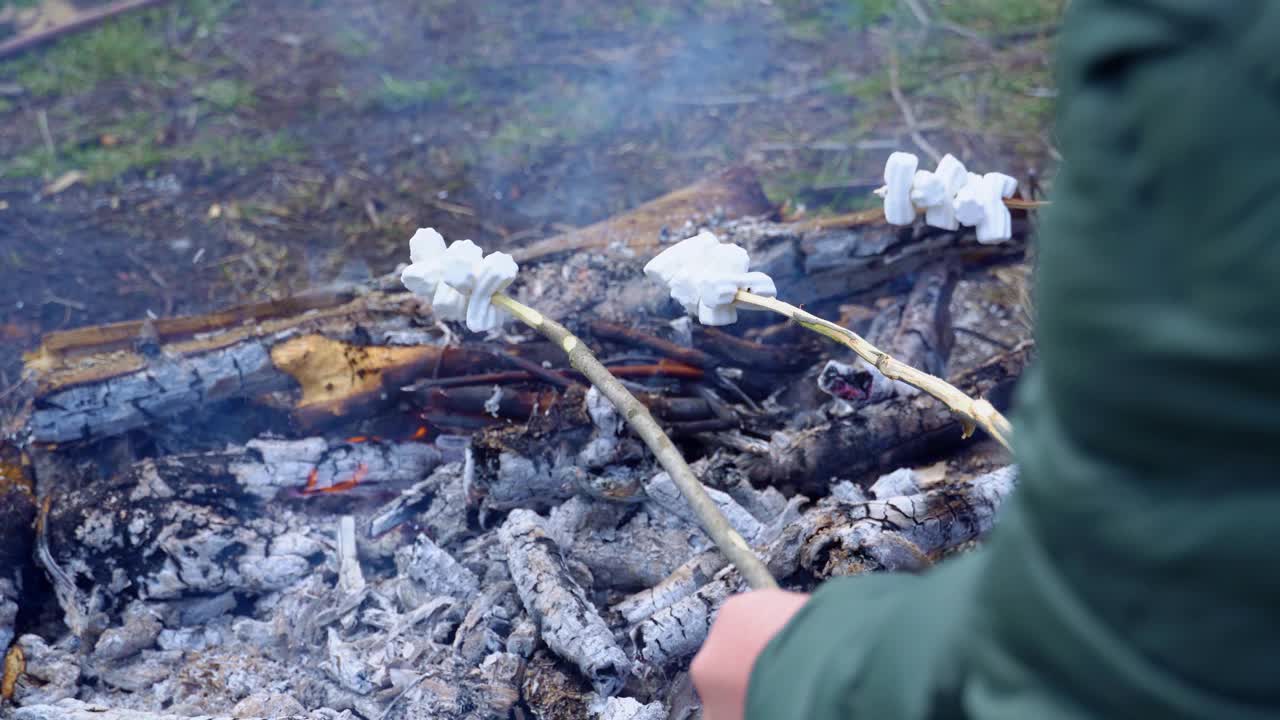 野外野餐——在火上煮棉花糖。棉花糖串在木炭上烤。视频素材