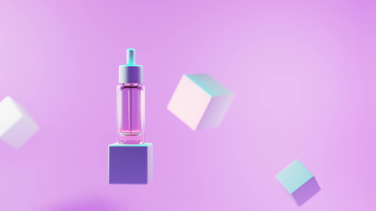 霓虹灯光下的讲台上的化妆品滴瓶。用移液管在几何方形的舞台上用胶原蛋白精华液或精油模拟出一个盆子，在粉红色的背景上展示产品广告，3d动画。视频素材画面1