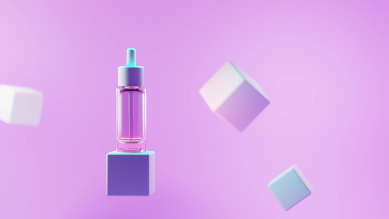 霓虹灯光下的讲台上的化妆品滴瓶。用移液管在几何方形的舞台上用胶原蛋白精华液或精油模拟出一个盆子，在粉红色的背景上展示产品广告，3d动画。视频素材画面2