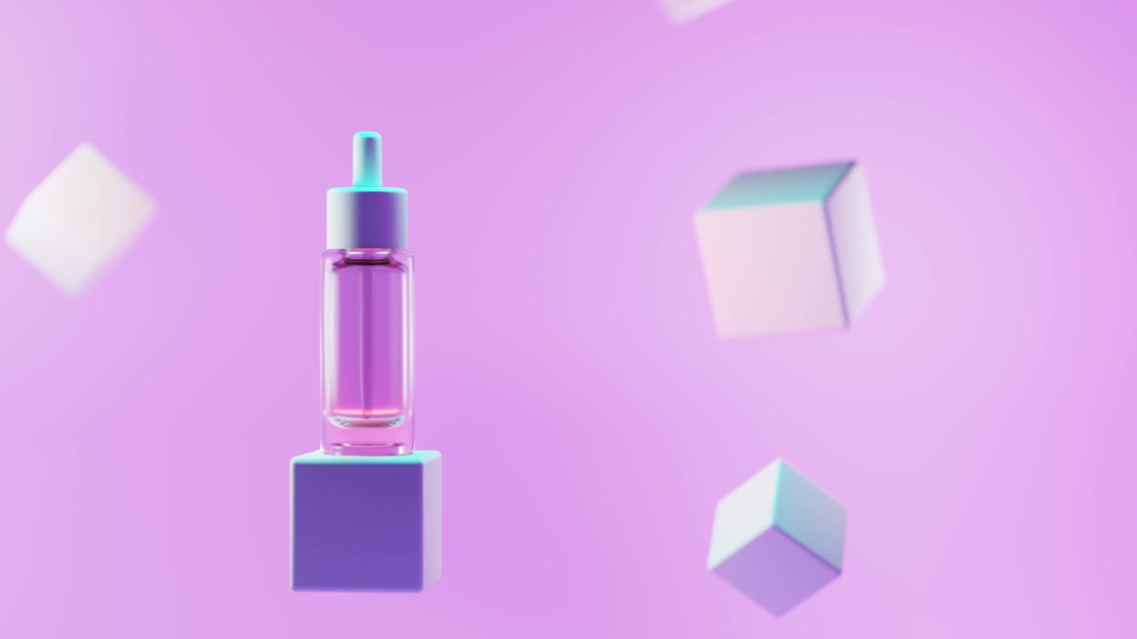 霓虹灯光下的讲台上的化妆品滴瓶。用移液管在几何方形的舞台上用胶原蛋白精华液或精油模拟出一个盆子，在粉红色的背景上展示产品广告，3d动画。视频素材画面3