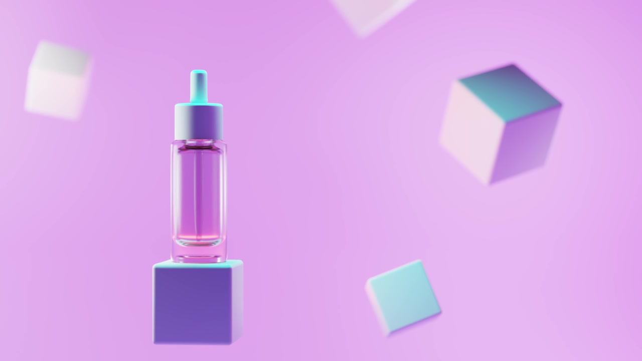 霓虹灯光下的讲台上的化妆品滴瓶。用移液管在几何方形的舞台上用胶原蛋白精华液或精油模拟出一个盆子，在粉红色的背景上展示产品广告，3d动画。视频素材画面4