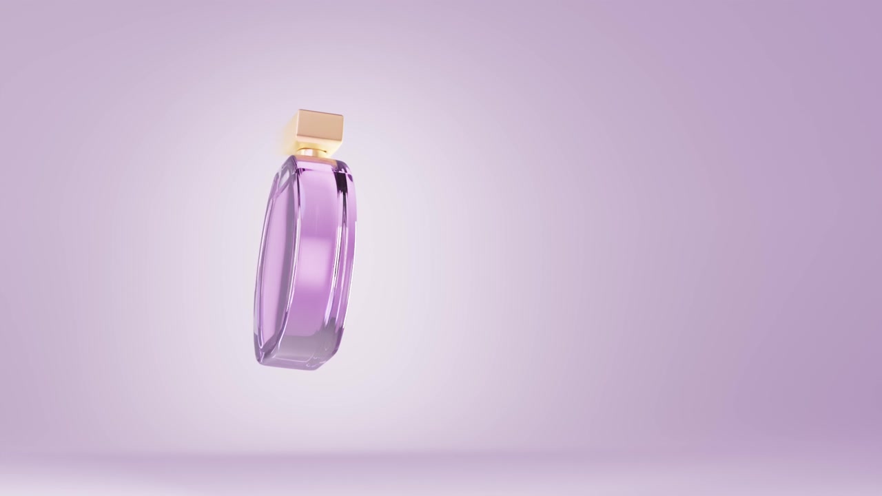 紫色背景上孤立的化妆品香水瓶。圆形玻璃容器，装有粉红色液体，供女性使用。化妆品产品带金帽，花精，喷雾包装模型。逼真的3 d动画视频素材画面3