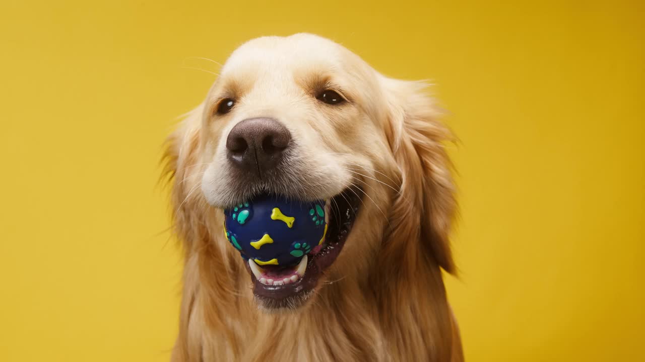 黄色背景上的金毛寻回犬，金色的拉布拉多犬嘴里叼着蓝色的球，坐得很近。在工作室拍摄好玩的家养宠物和玩具视频素材