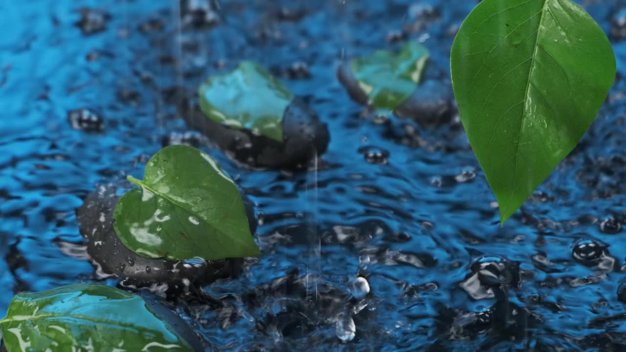 那一刻，雨停了。雨滴落入蓝色的水中。视频素材