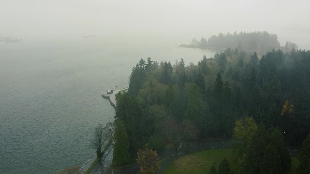 秋天下雨天，温哥华斯坦利公园木板路的俯视图视频素材