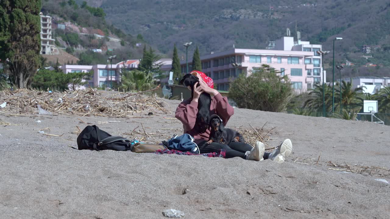 在阳光明媚的春天，带着太阳镜的女主人抱着小腊肠狗，在山上度假酒店附近的沙滩上消磨时光视频素材