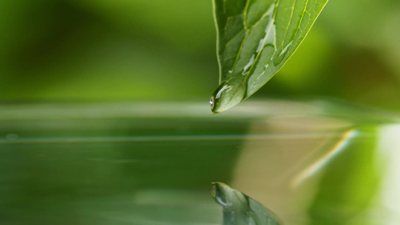 清澈的水滚过绿叶，落在水中形成涟漪。湿的绿色的新鲜叶子在池塘。自然雨后。微距镜头视频素材