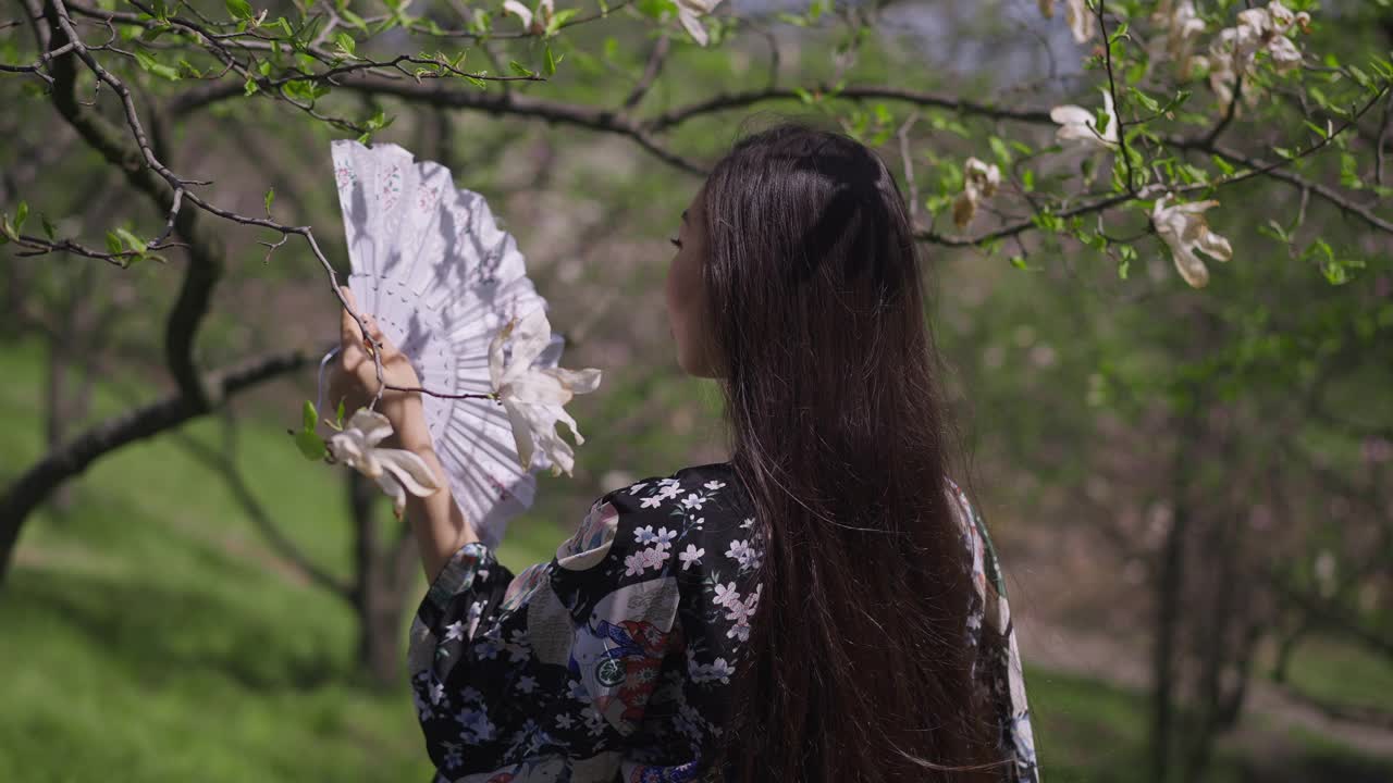 年轻漂亮的亚洲女子和服风扇转向相机在慢动作微笑。现场镜头放大到快乐美丽苗条的女士在春天公园户外的阳光下摆姿势。视频素材