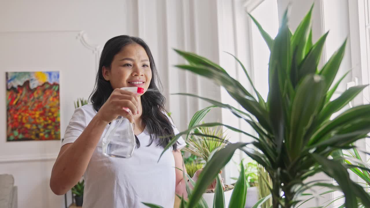 妇女在家里给植物浇水视频素材